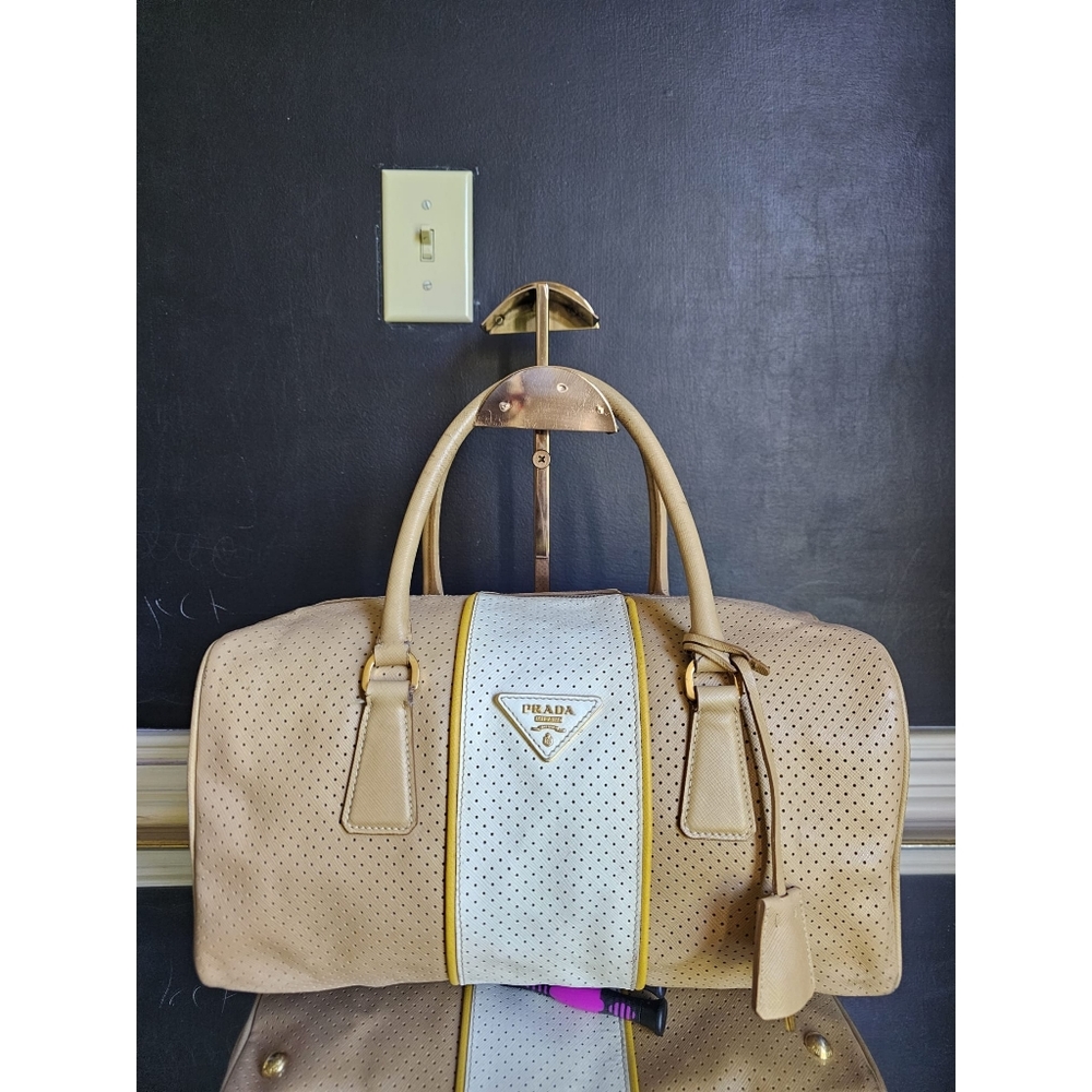 PRADA Saffiano Perforated Striped Shoulder Beige Yellow Off-White